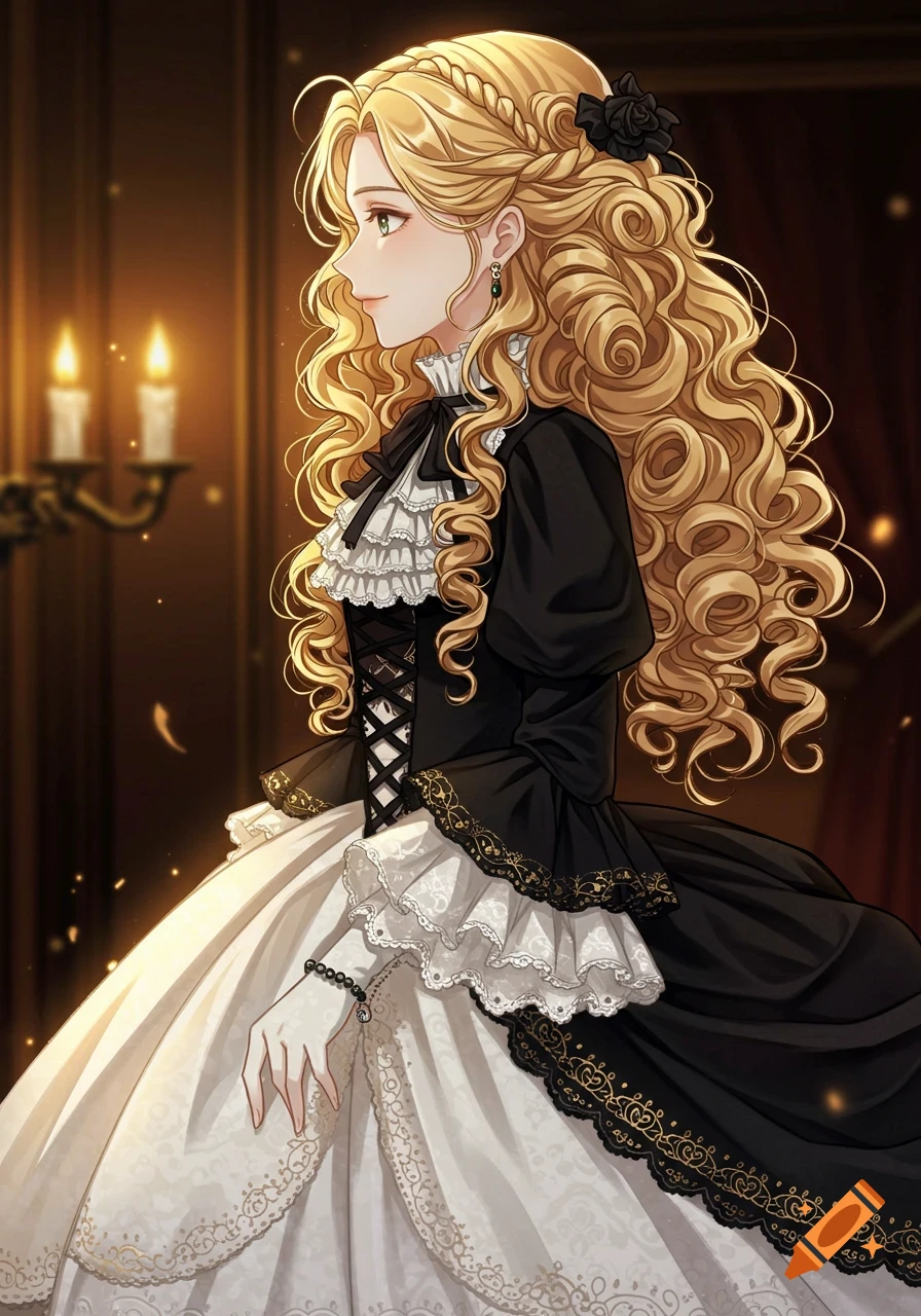 An anime-style portrait of a young woman with long curly blonde hair and a braided updo, wearing an ornate black and white Victorian gown, set in a dimly lit, warm interior.