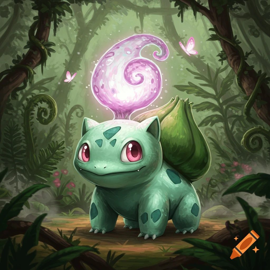 A cute Bulbasaur with glowing pink swirls above its head stands in a lush, magical forest with butterflies.