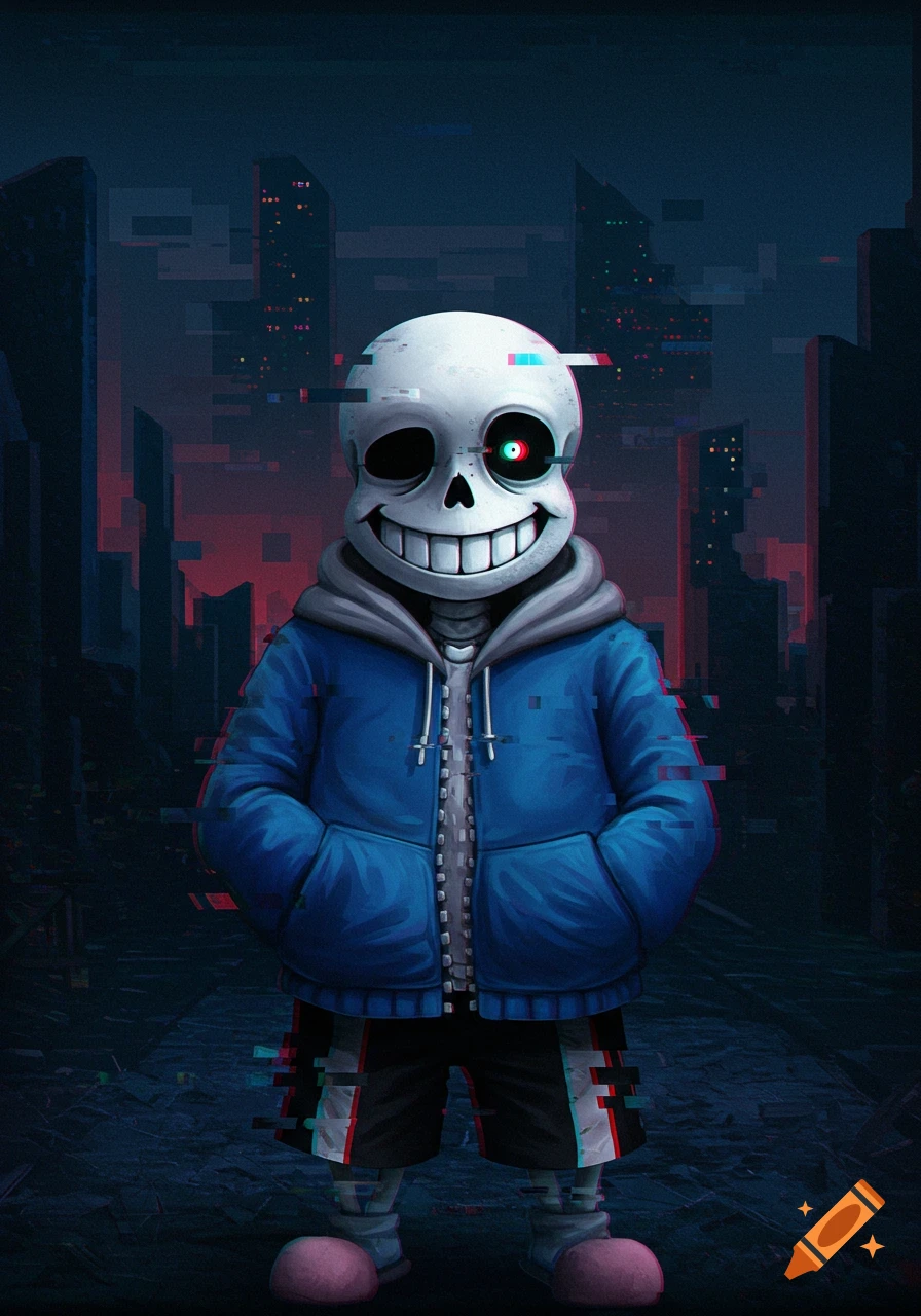 Sans from Undertale, a smiling skeleton in a blue hoodie, stands in a dark, glitchy cityscape with digital distortion effects.