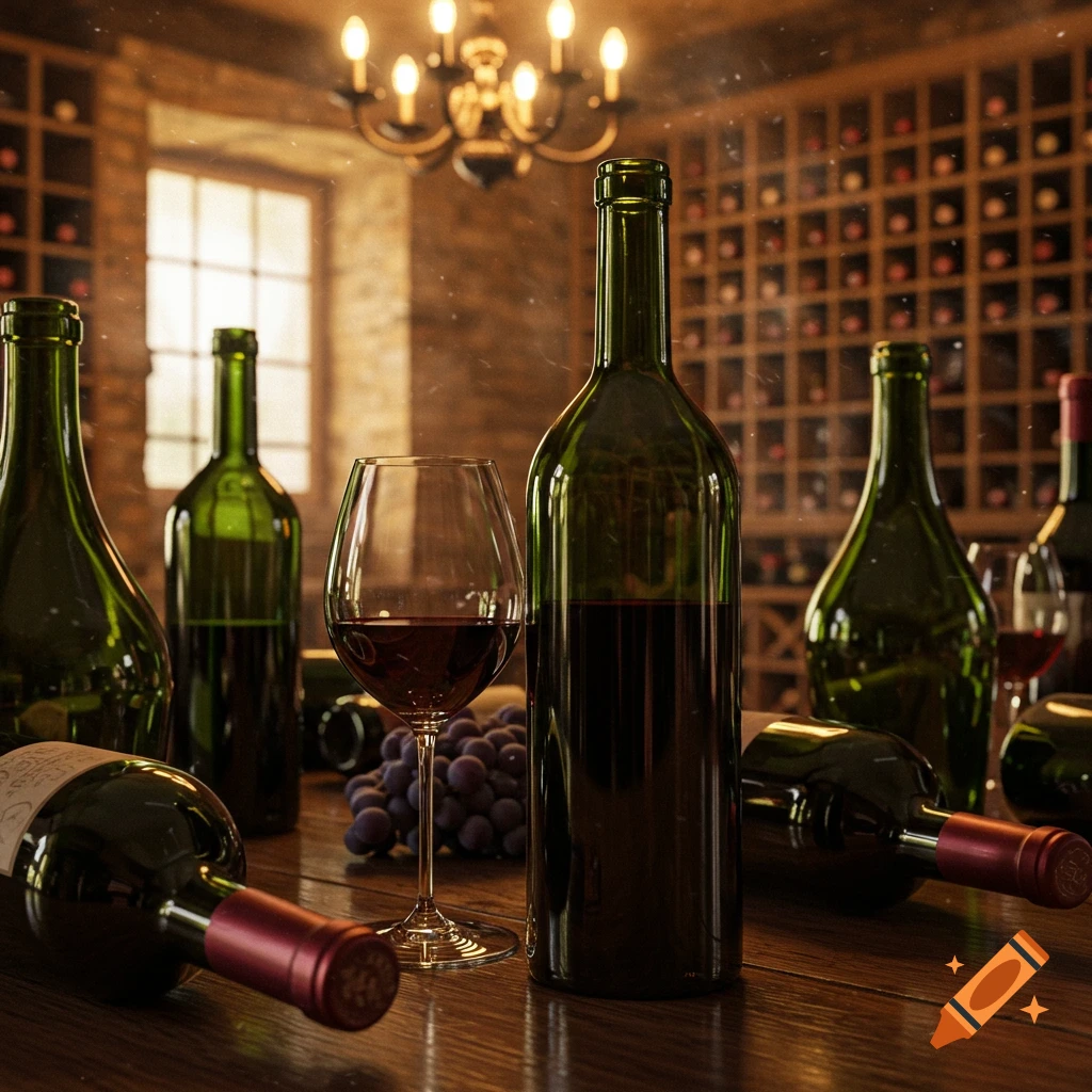 Photorealistic image of several wine bottles and a glass of red wine on a wooden table in a wine cellar.