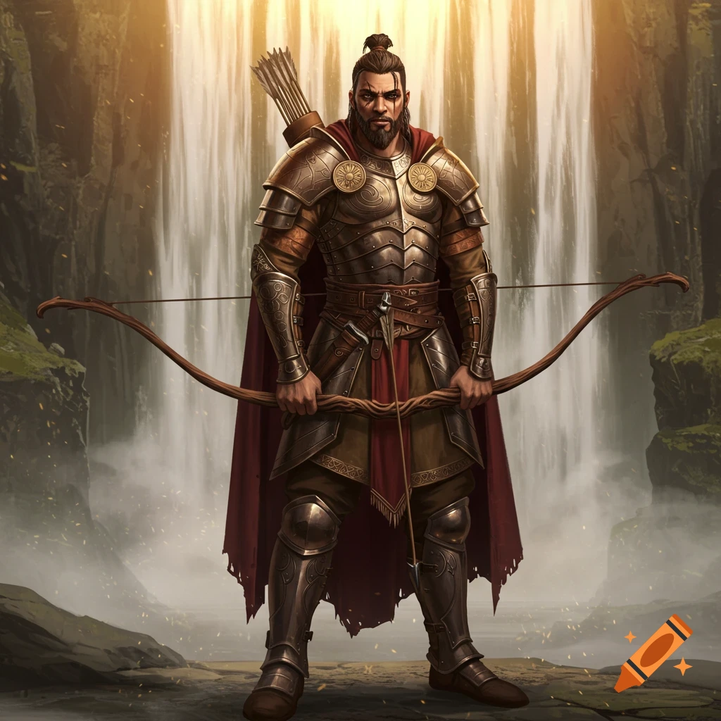 A fantasy warrior in bronze armor and red cape holds a bow, arrows on his back, standing before a sunlit waterfall. Digital painting.