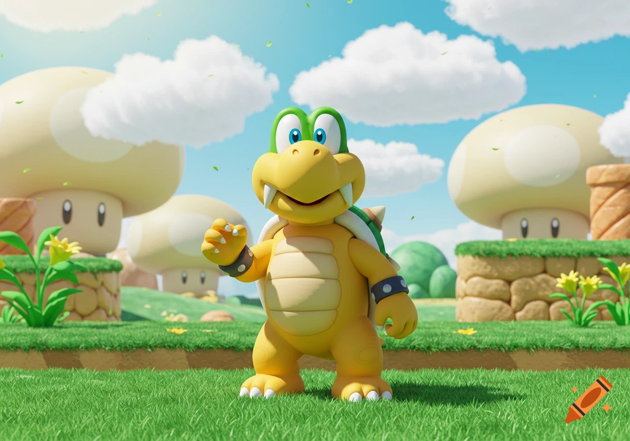 Iggy Koopa stands on green grass in a vibrant Mario-like landscape with mushroom structures under a blue sky.