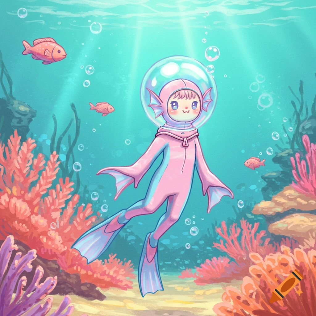 Cute character in a pink wetsuit with a bubble helmet swims underwater with fish and coral, in a colorful illustration.