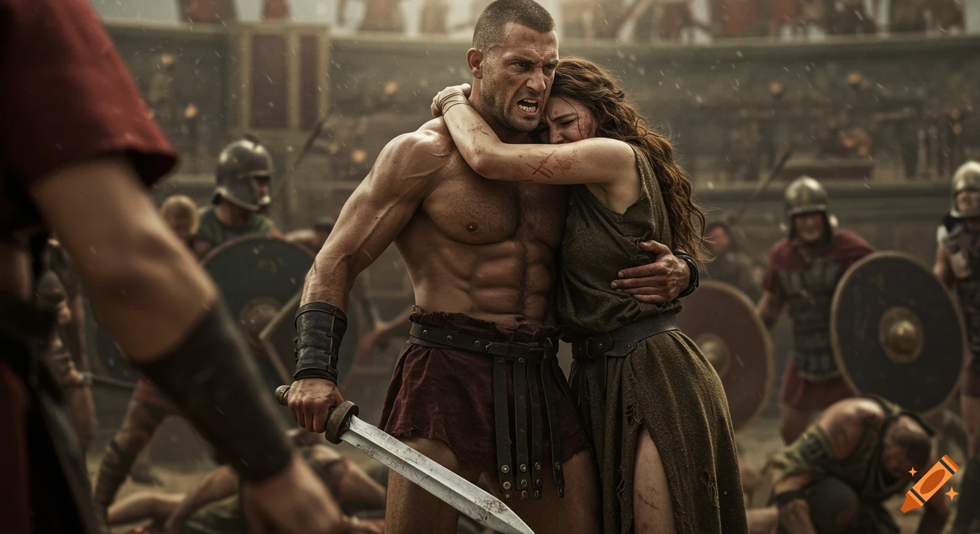 A muscular gladiator with a sword fiercely embraces and protects a terrified woman in a worn dress amidst a chaotic Roman arena battle.