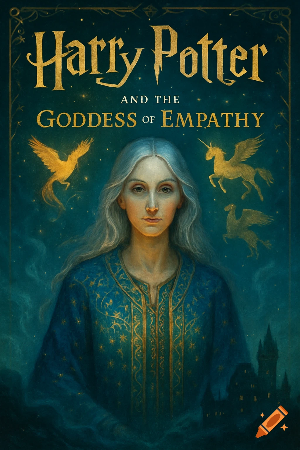 Fantasy book cover featuring a woman with long white hair, a phoenix, winged unicorn, and castle. Title: 'Harry Potter and the Goddess of Empathy'.