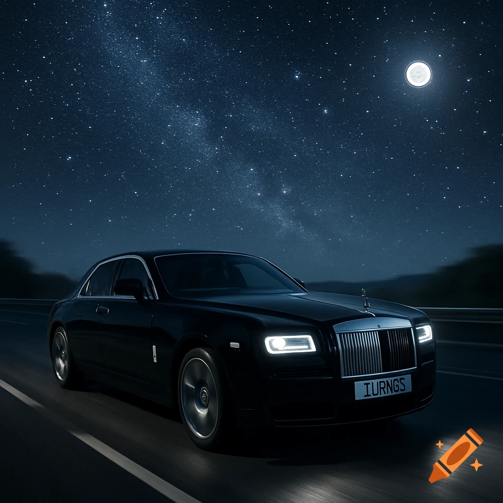 A black Rolls Royce driving on a highway at night under a starry sky with a full moon, photorealistic.