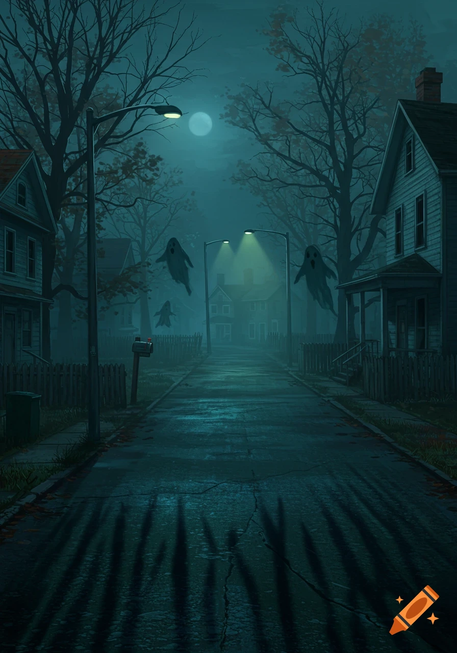 Spooky digital painting of a foggy, moonlit suburban street at night with cartoonish ghosts, houses, and streetlights.