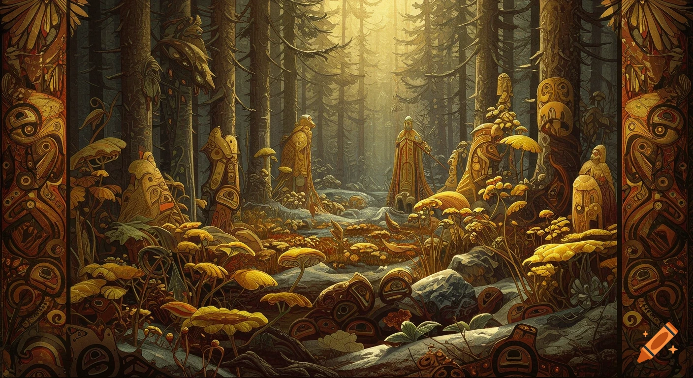 A stylized forest scene in the style of a quilt blanket with figures and fantastical flora, featuring Russian and Salish motifs in golden hues.