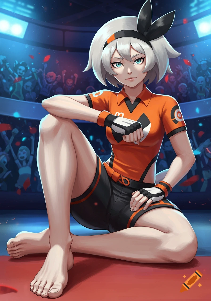 Pokemon gym leader Bea, white hair, sitting in a stadium in orange and black sports uniform, legs crossed, bare feet visible. Anime style.