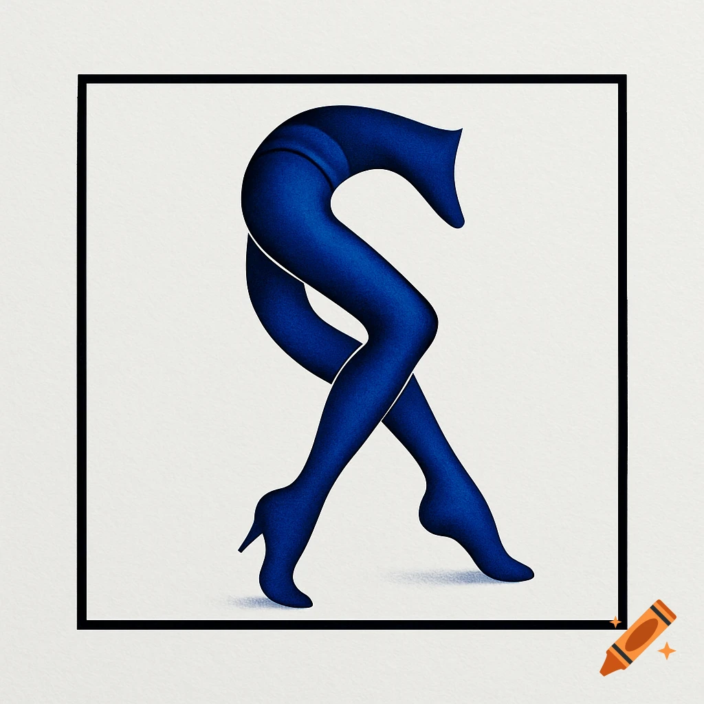 Abstract illustration of a body wearing blue stockings and heels, stylized in a curved, intertwined shape against a white background.