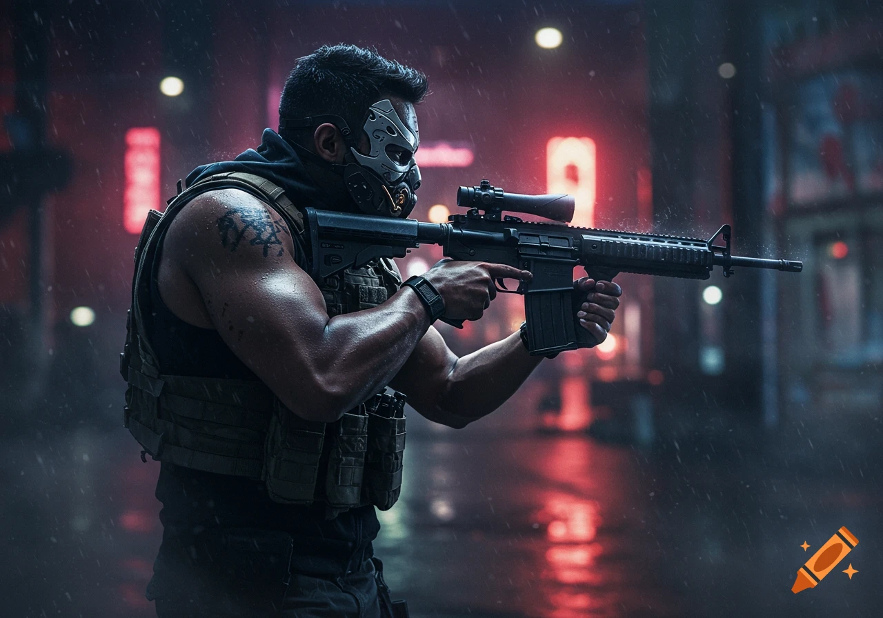 A masked man in tactical gear aims an AR-15 rifle in a rainy, neon-lit cyberpunk city at night.