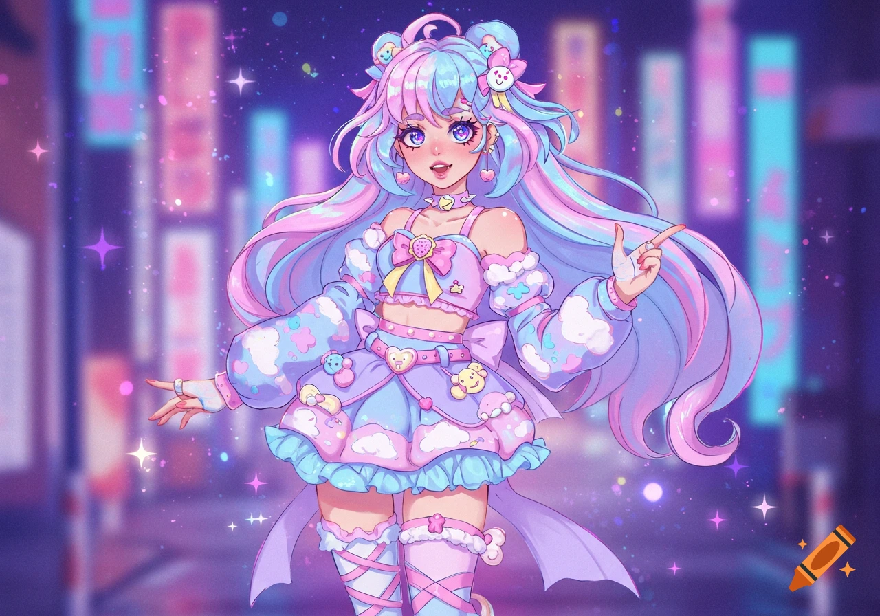 An anime magical girl with long pastel pink and blue hair, wearing a cute fairy kei outfit with clouds and bows, standing in a sparkling city at night.