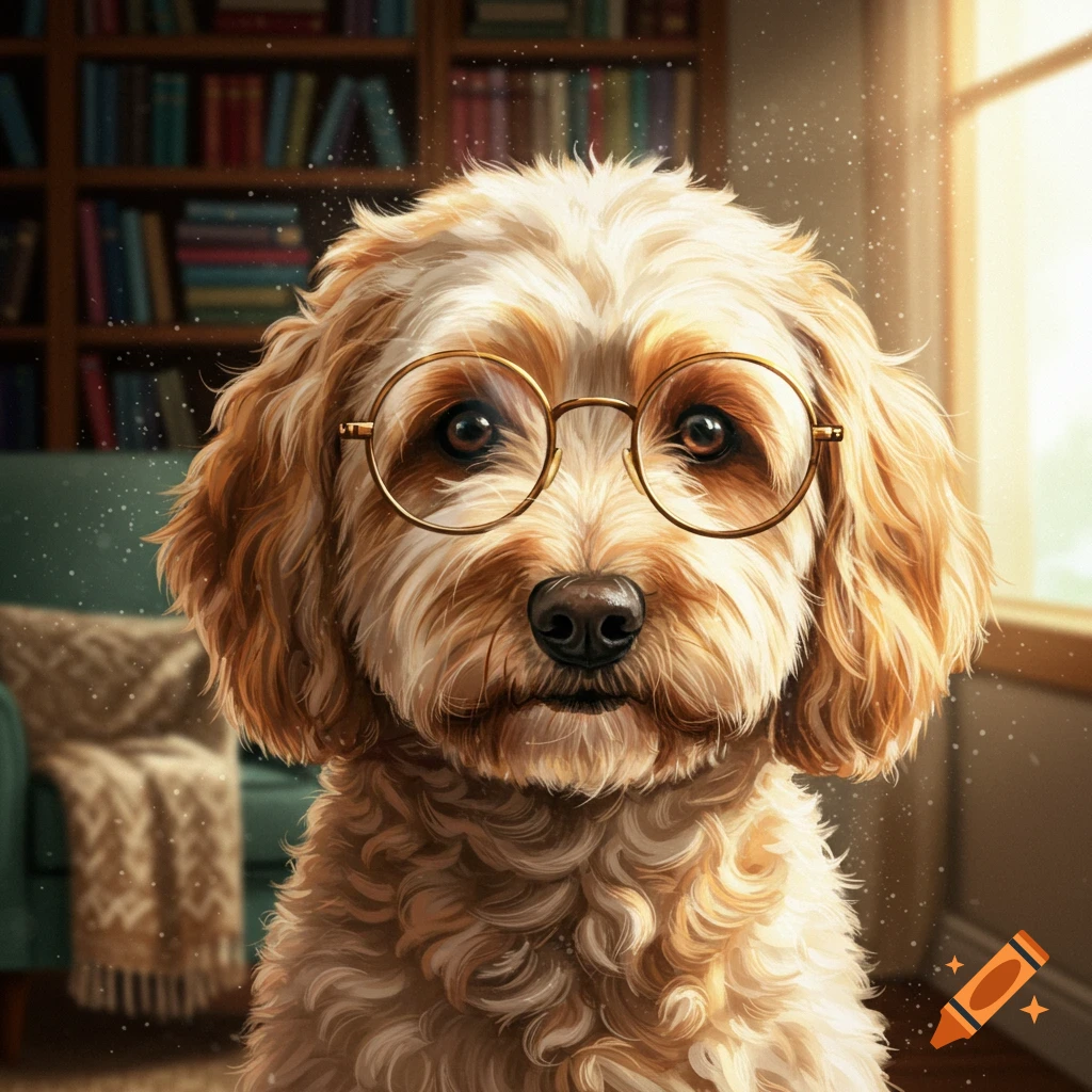 A fluffy labradoodle dog with round glasses sits in a sunlit room with a bookshelf in the background, depicted as a detailed digital painting.