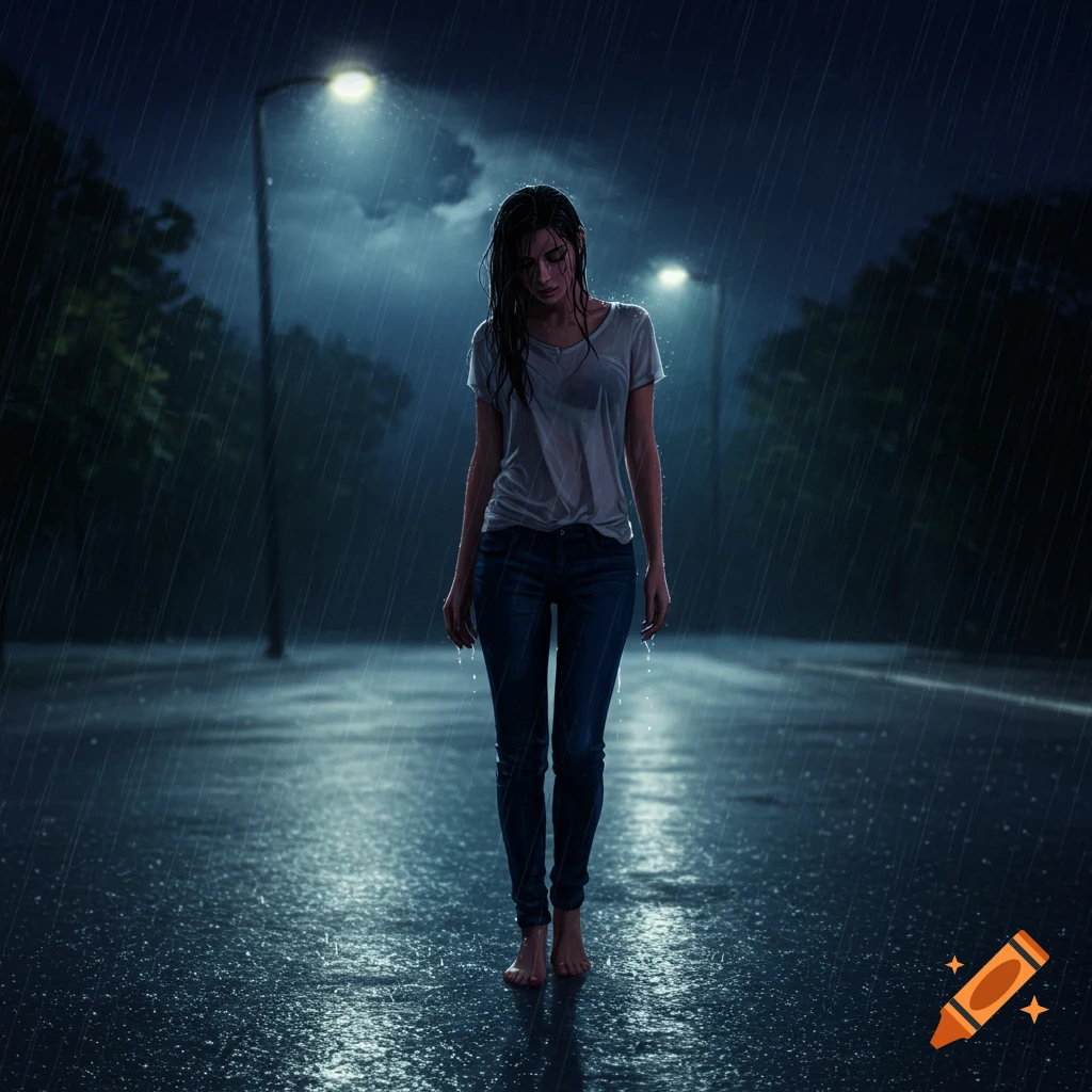 Photorealistic image of a woman with wet hair and clothes walking barefoot in the rain at night on a street lit by streetlights.