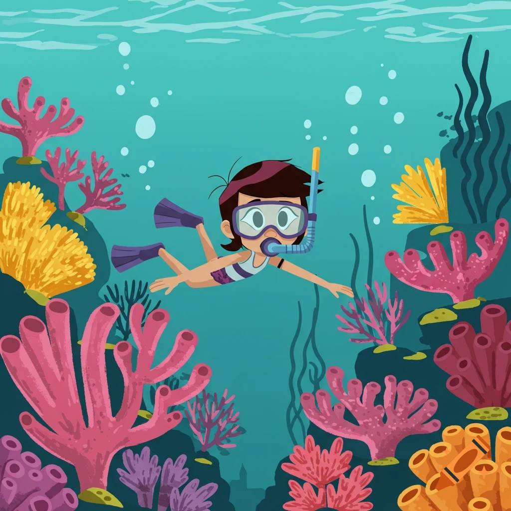Cartoon child snorkeling underwater among vibrant pink, yellow, and orange coral in a blue ocean.