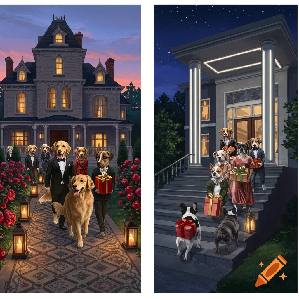 Illustrated image of two lines of well-dressed dogs carrying gifts, entering different fancy houses at night.