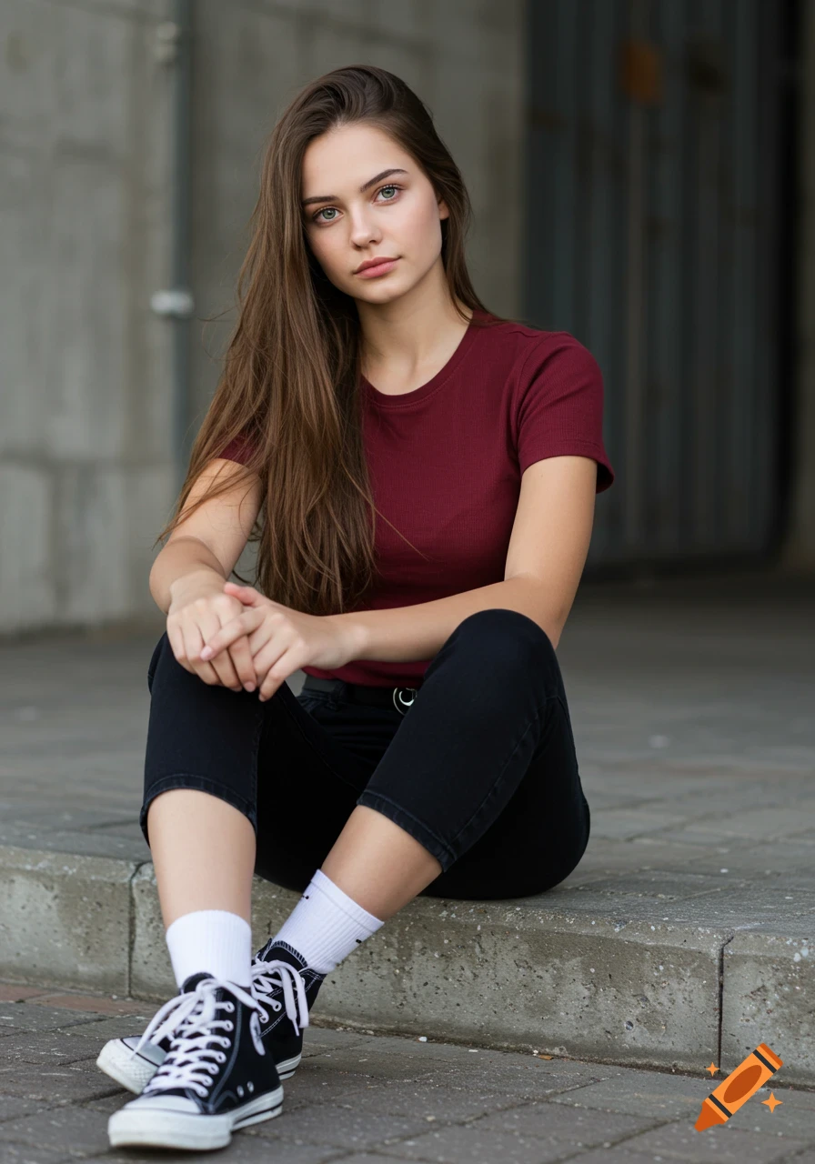 A young woman with long brown hair and green eyes sits outdoors, wearing a dark red t-shirt, black cropped jeans, white socks, and black Converse sneakers.