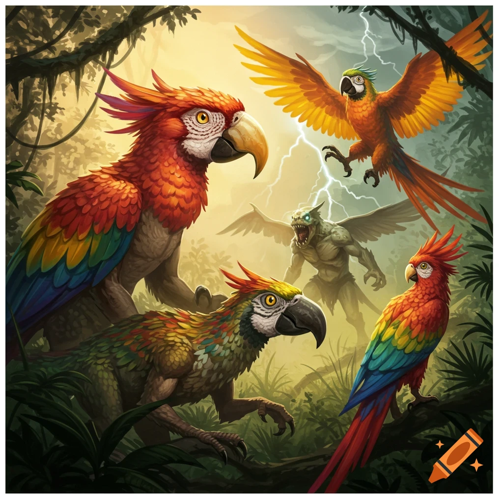 Colorful parrot-like monsters, some anthropomorphic, dinosaur-like, and winged, in a stormy jungle with lightning.
