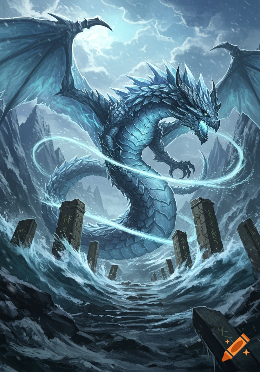 A massive blue ice dragon with glowing eyes hovers over stormy waters amidst ancient stone pillars in a mountainous, cloudy landscape. Fantasy art style.