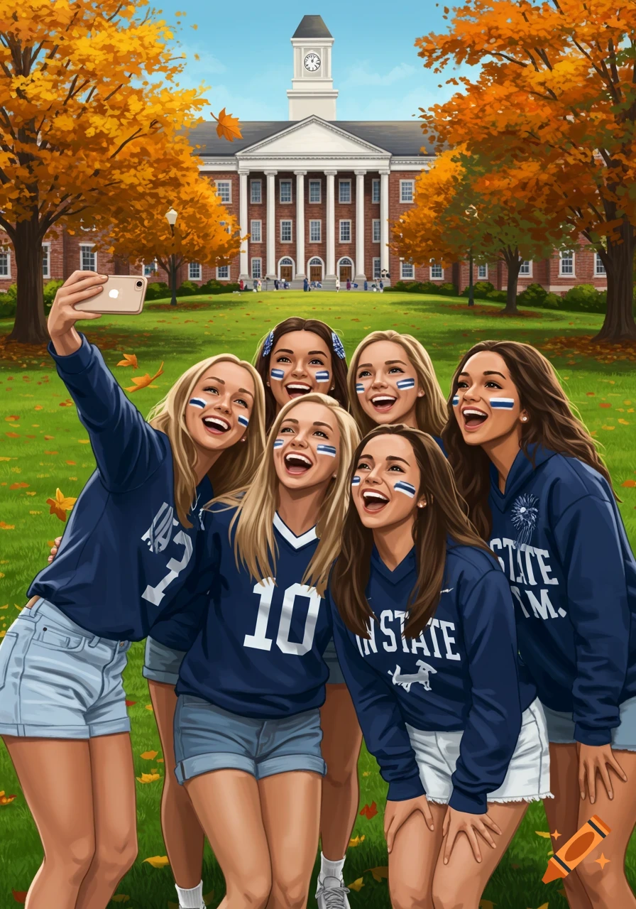 Group of six young women in blue team shirts and face paint taking a selfie on a university campus with autumn trees and a large building in the background.