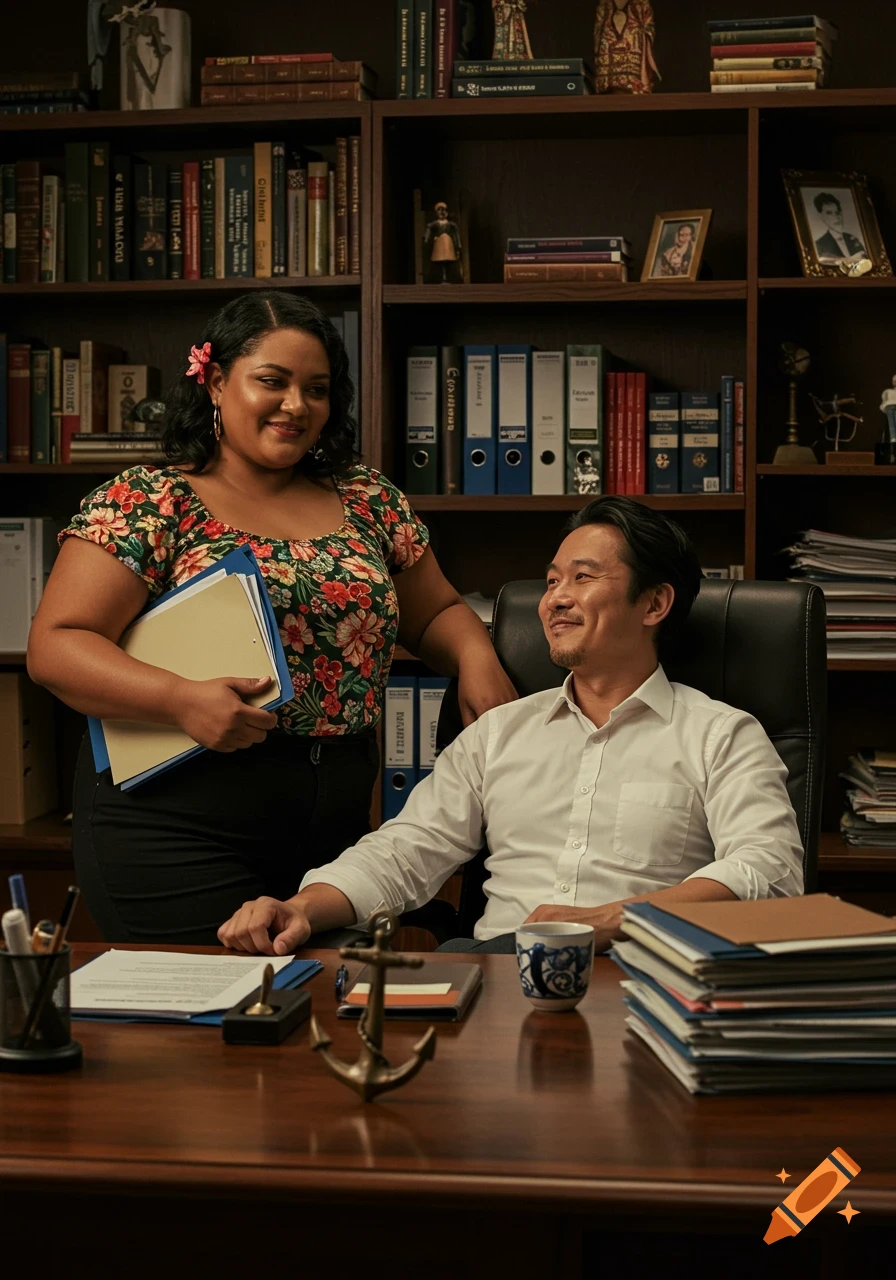 A woman holding folders leans on a desk, smiling at a man seated at the desk, in a modern office with bookshelves.
