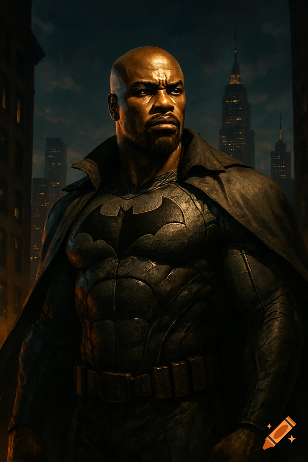 A bald, bearded man resembling Luke Cage in a dark, textured Batman suit with a bat logo, standing in a dimly lit city, photorealistic.
