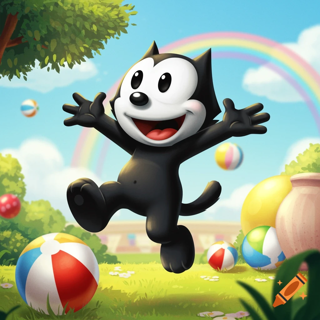 A cheerful cartoon Felix the Cat jumps excitedly in a grassy field with colorful beach balls under a rainbow sky.