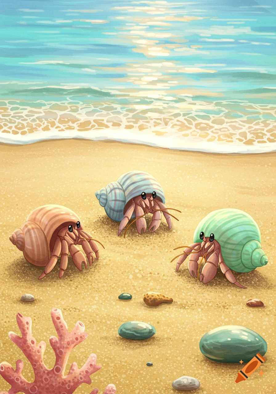 Three cute cartoon hermit crabs with colorful shells on a sandy beach with ocean waves.