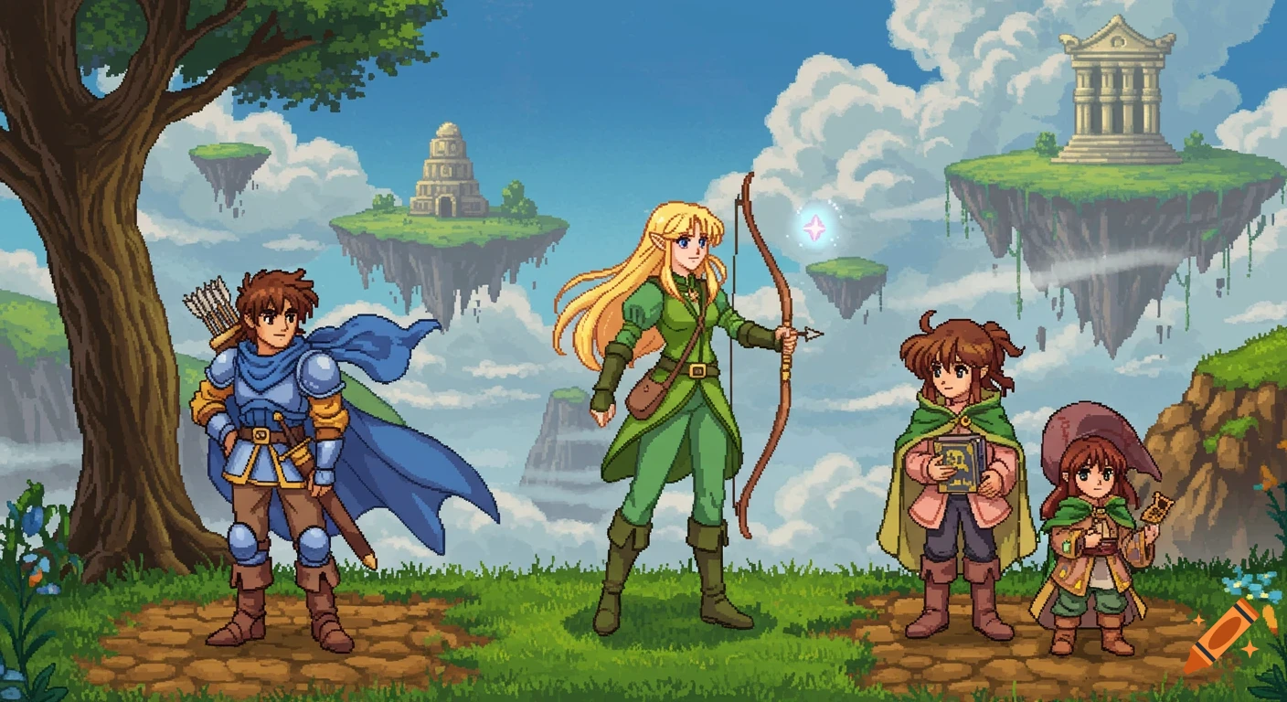 Pixel art fantasy scene with a knight, elf archer, and two mages on a grassy path, with floating islands and temples in the sky.
