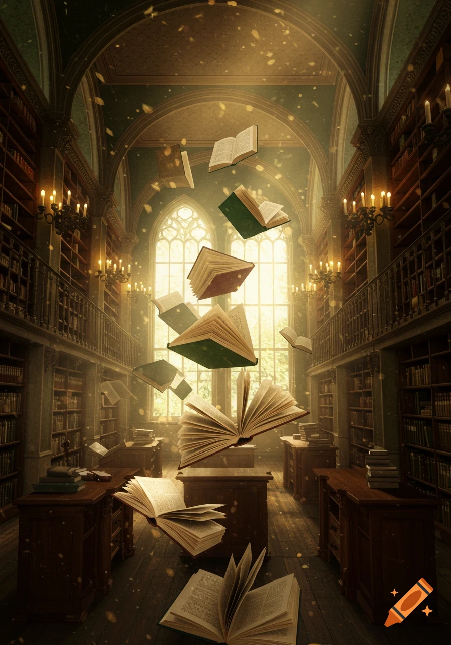 Grand ornate library with sunlit windows, chandeliers, and many open books magically floating in the air.