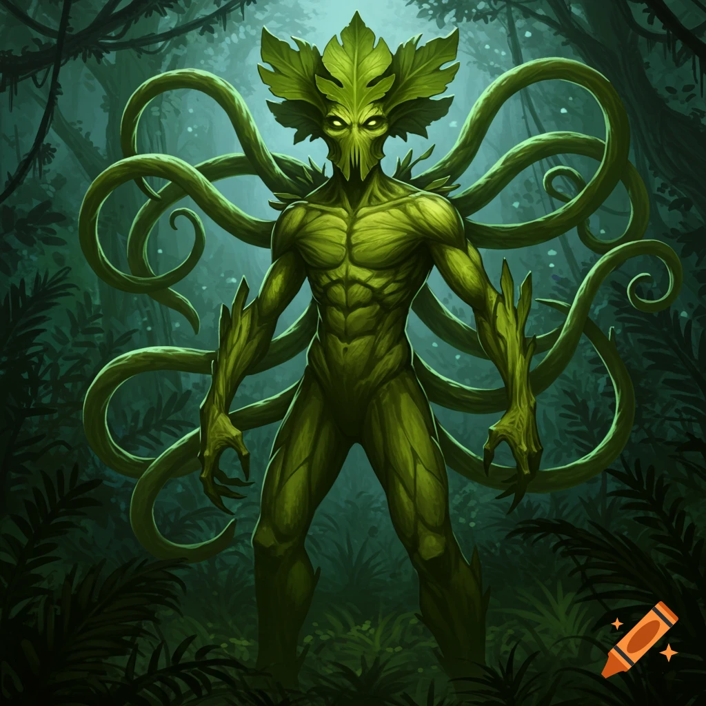 A green, muscular humanoid creature with a leaf-shaped head and glowing eyes stands in a dark forest, with long vines extending from its back.