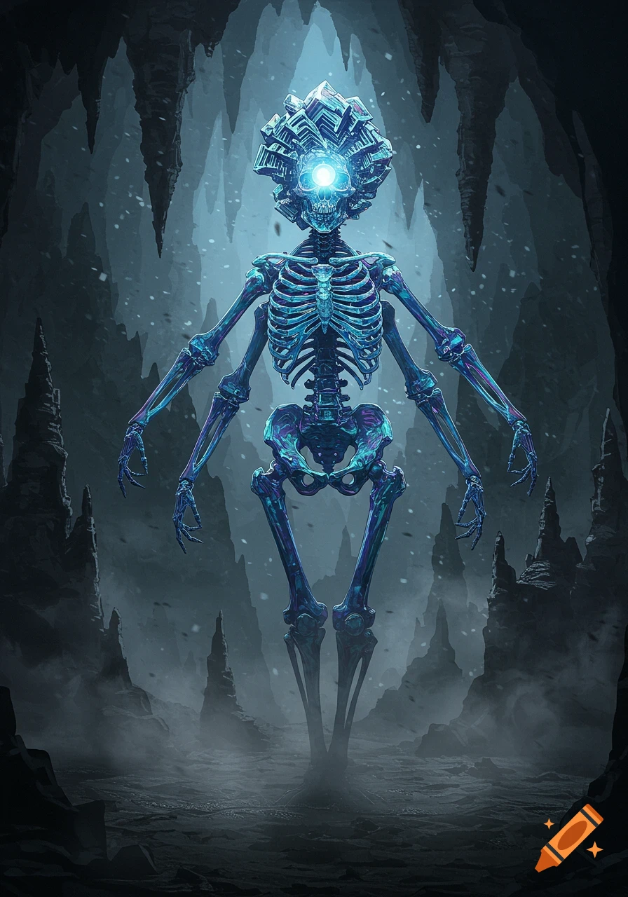 A four-armed, glowing blue bismuth skeleton stands in a dark, icy cave with stalactites and stalagmites, shrouded in mist.