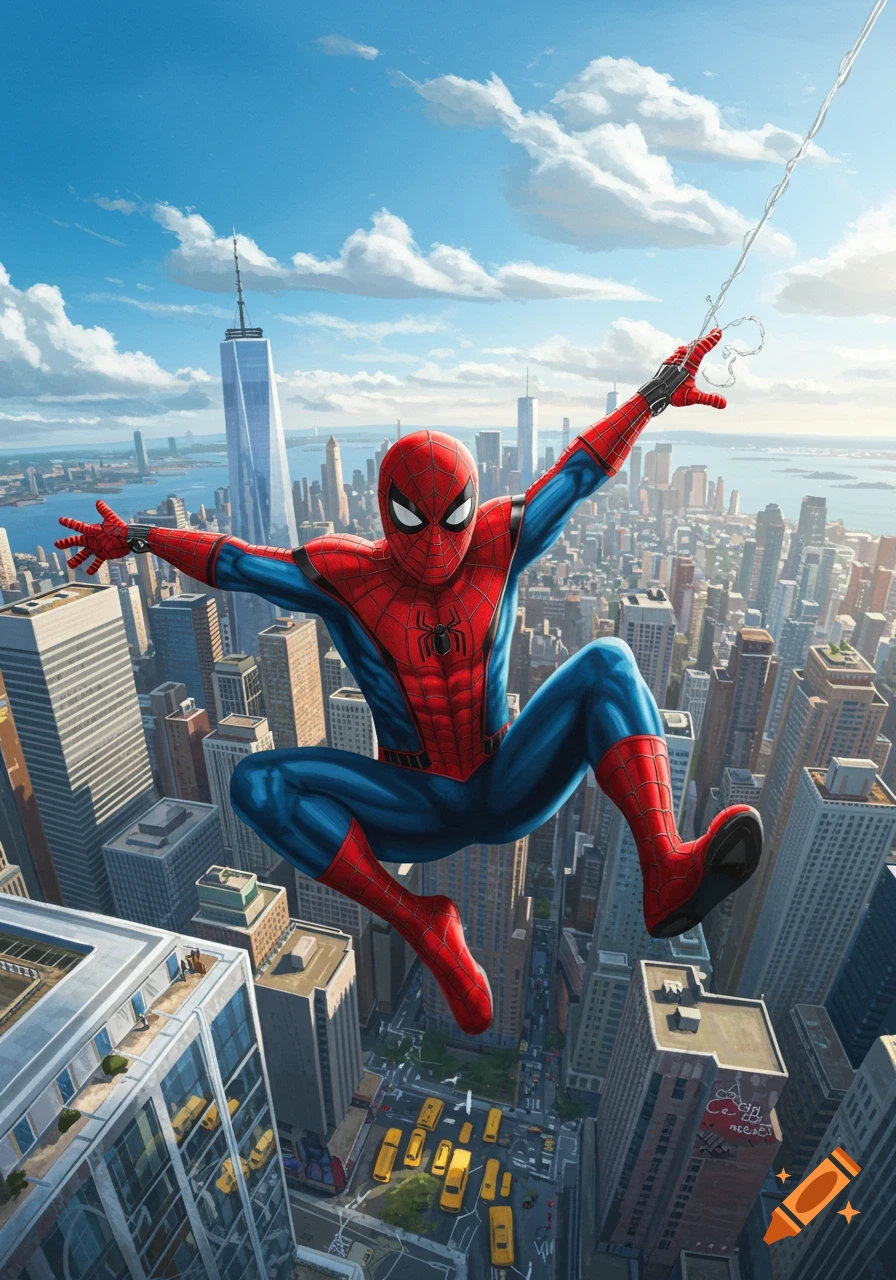 Spider-Man in his classic suit swings high above a bustling city skyline with skyscrapers and yellow taxis.