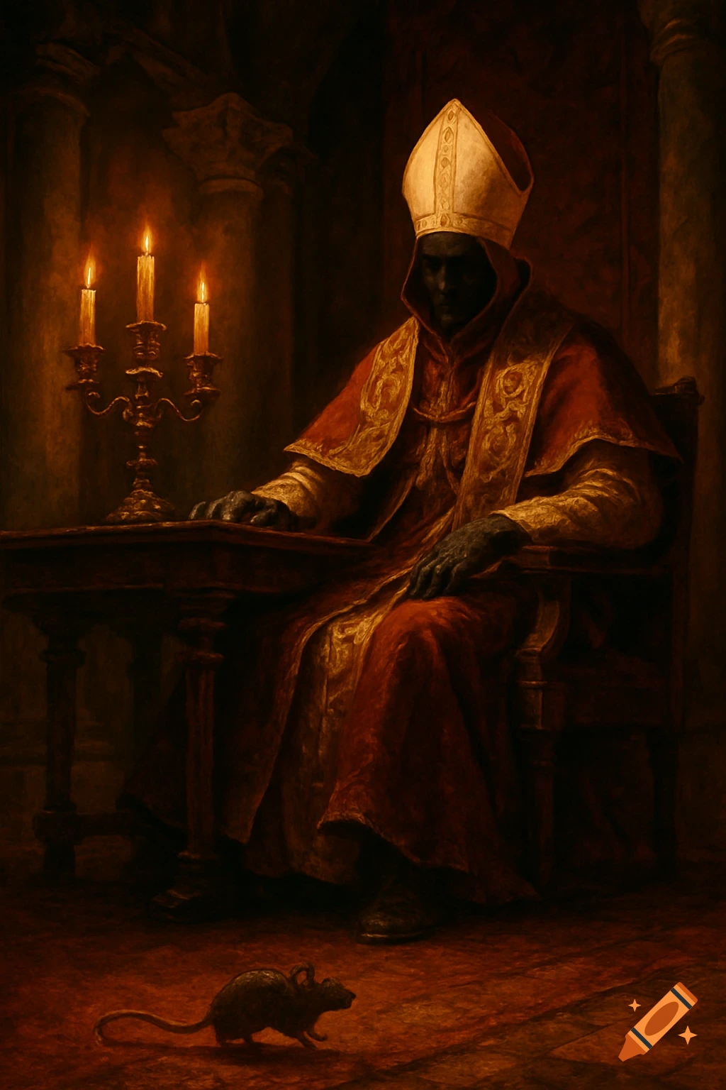 A dark painting of a robed bishop with a shadowed face sitting at a table by candlelight, observing a rat on the floor.