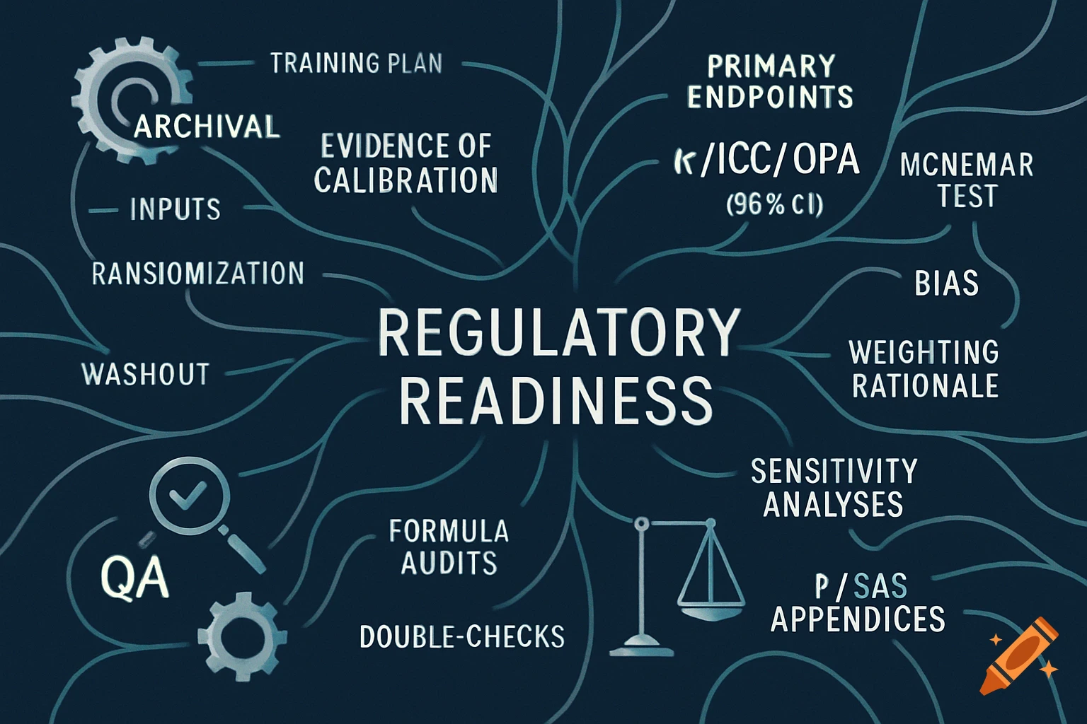 A dark blue mind map with light blue lines connecting white text labels and icons around the central theme "REGULATORY READINESS." Concepts like QA, Archival, Training Plan, Primary Endpoints, Bias, and Sensitivity Analyses are shown.