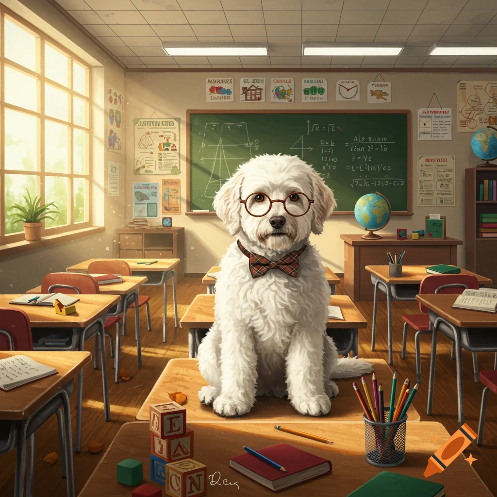 A white labradoodle wearing glasses and a bow tie sits on a desk in a classroom filled with school supplies and a blackboard.