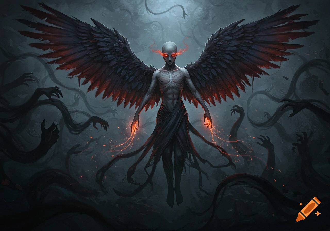 A dark, emaciated angel with large black wings and glowing red eyes hovers amidst shadowy, clawed tendrils in a grim digital art style.