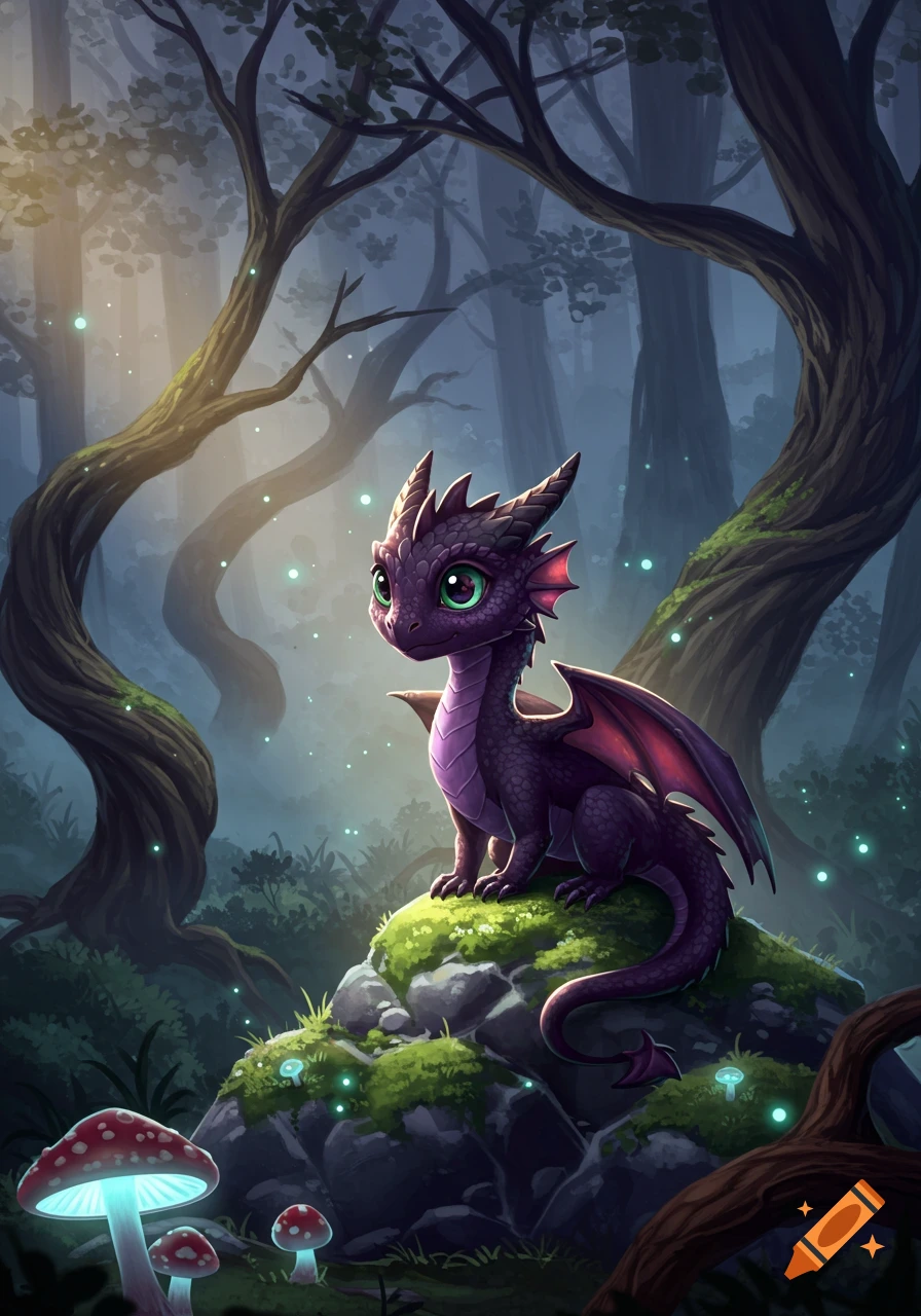 A cute purple baby dragon with green eyes sits on a mossy rock in a magical, misty forest with glowing mushrooms and fireflies.