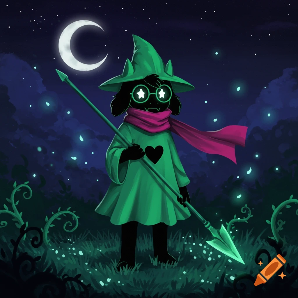 Ralsei from Deltarune in a green hat, cloak, and pink scarf, holding a spear under a crescent moon at night.