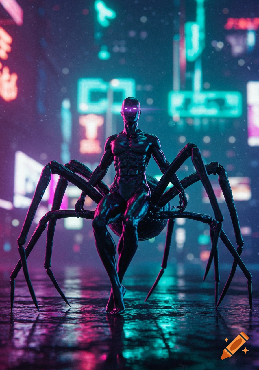 A sleek, dark human-spider hybrid with glowing purple eyes sits in a neon-lit cyberpunk city street, reflecting vibrant lights.