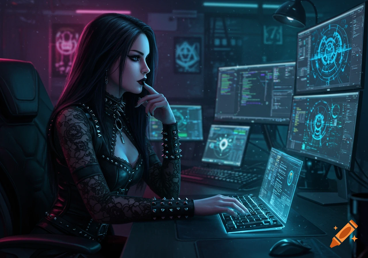 A goth woman with long dark hair and studded attire uses a glowing laptop in a dark, neon-lit room filled with multiple computer monitors displaying code and interfaces.