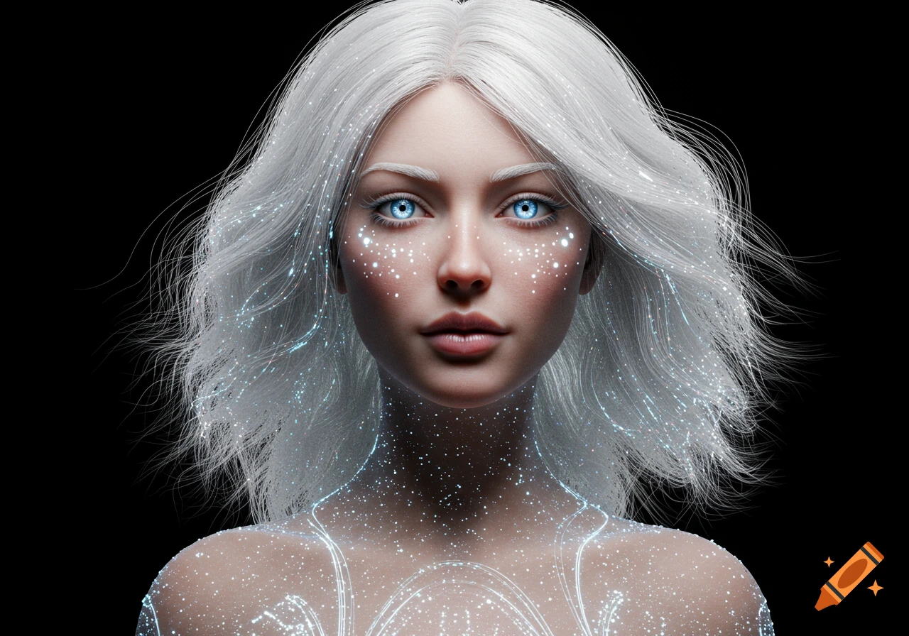 Close-up of a futuristic woman with glowing white hair, piercing blue eyes, and shimmering particles on her face and body against a black background.