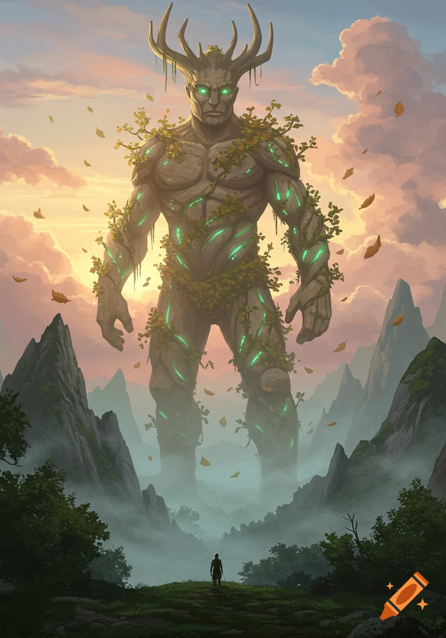 A colossal treeman-like giant with antlers and glowing green lines stands in a misty, mountainous landscape at sunset, dwarfing a human figure. Fantasy digital art.