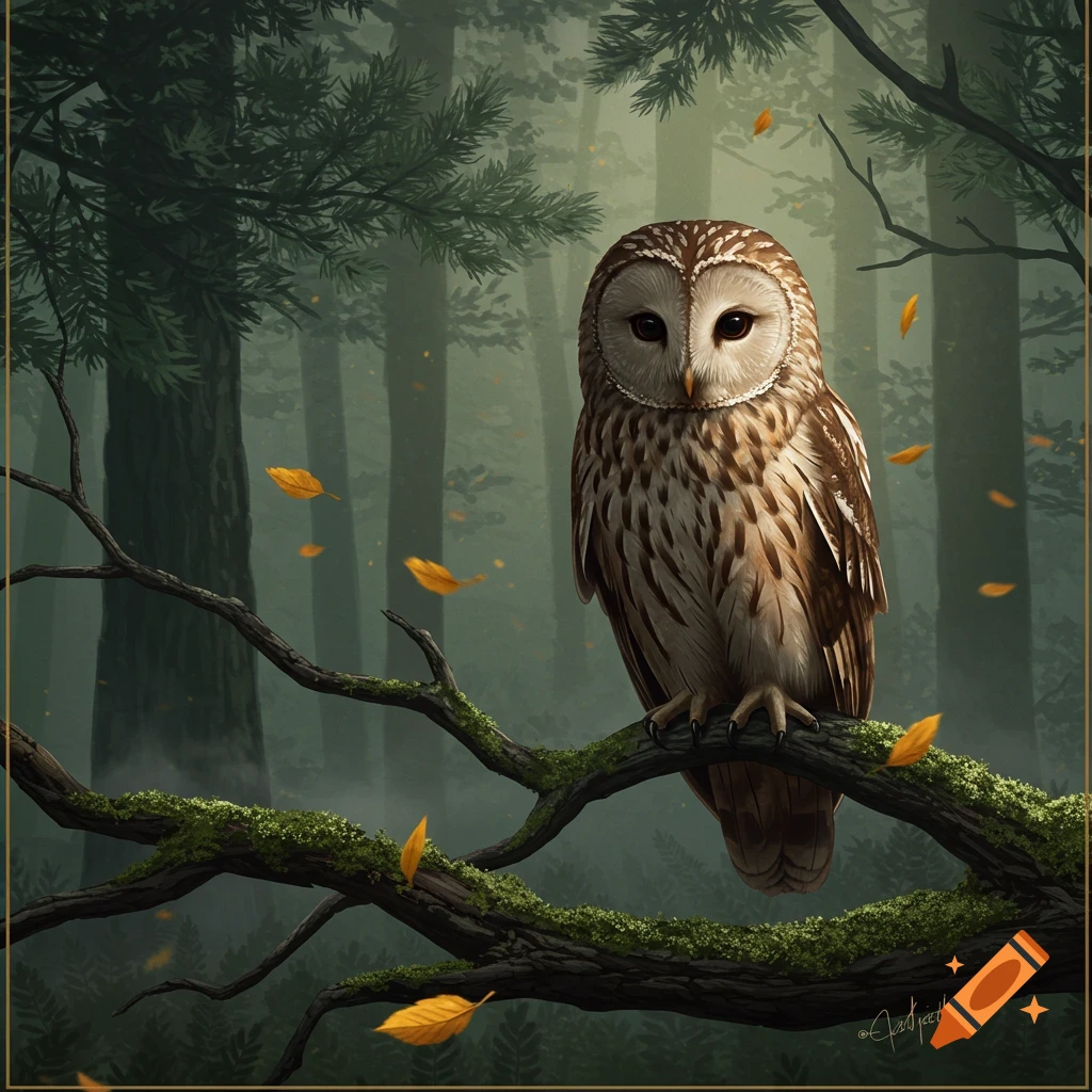 A detailed illustration of a barred owl perched on a mossy branch in a foggy, dark forest with falling autumn leaves.