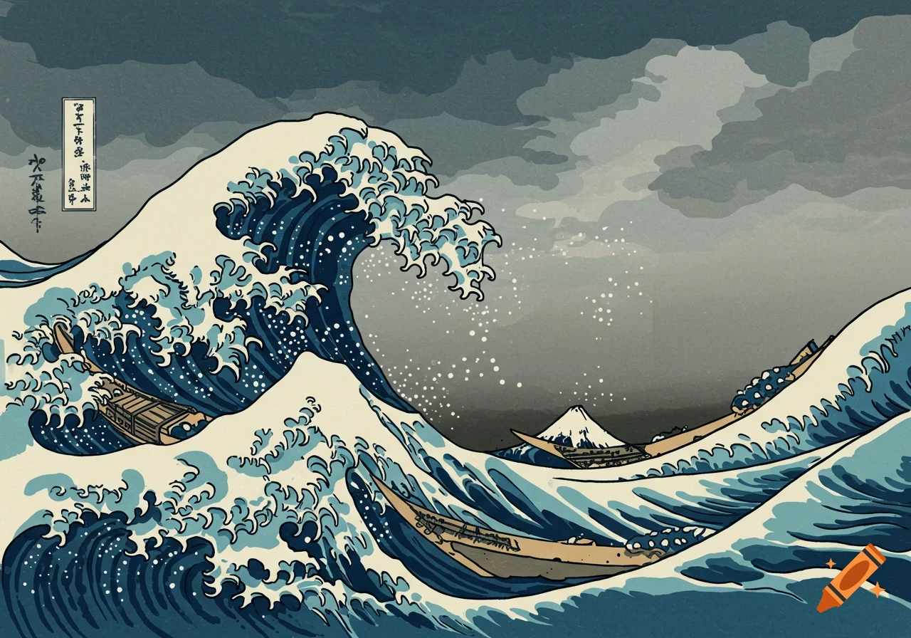 Stylized depiction of 'The Great Wave off Kanagawa' with large blue and white waves, fishing boats, Mount Fuji, and stormy skies.