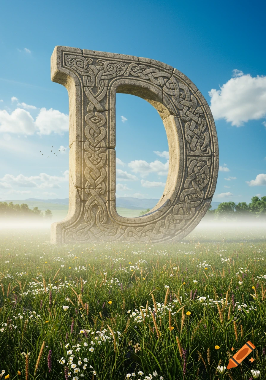A large stone letter D, carved with intricate Celtic knot patterns, stands in a vibrant field of wildflowers under a bright blue sky.