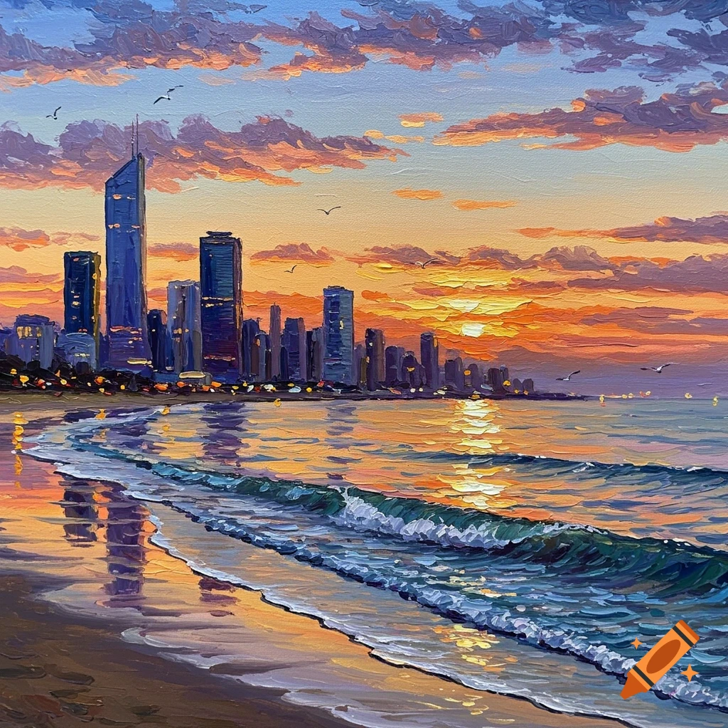 Oil painting of a city skyline reflecting in ocean waves on a beach at sunset.