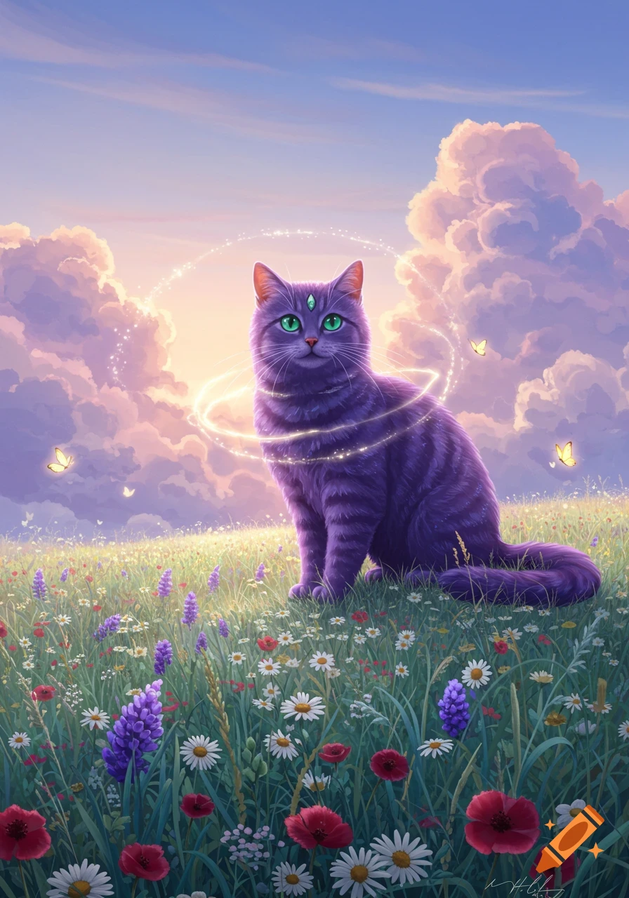 A mystical purple cat with green eyes and a third eye gem sits in a vibrant flower field under a cloudy sunset sky, with magical rings glowing around it.