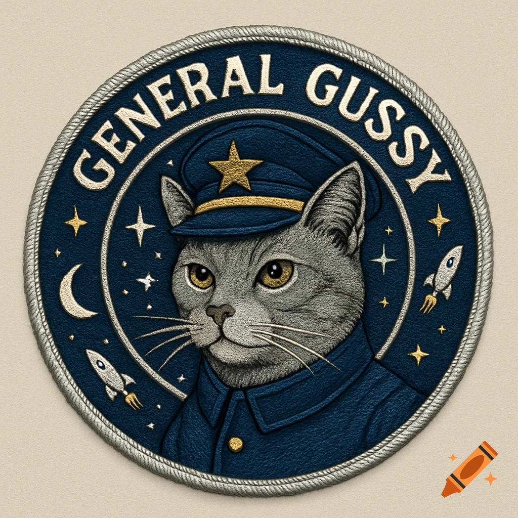 A gray cat in a blue general's uniform on a circular mission patch with 'GENERAL GUSSY' text, stars, moon, and rockets.
