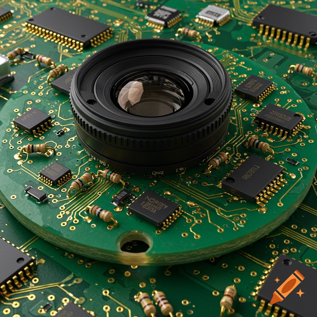 A detailed macro shot of a green circuit board with gold traces, resistors, microchips, and a black camera lens embedded in the center.